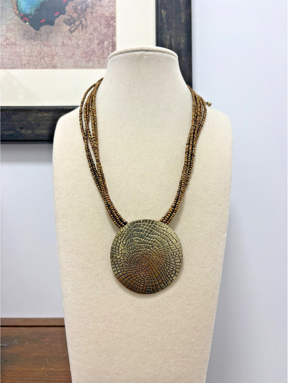 Brown Glass Seed Bead Necklace with Brass Tone Round Pendant Disk